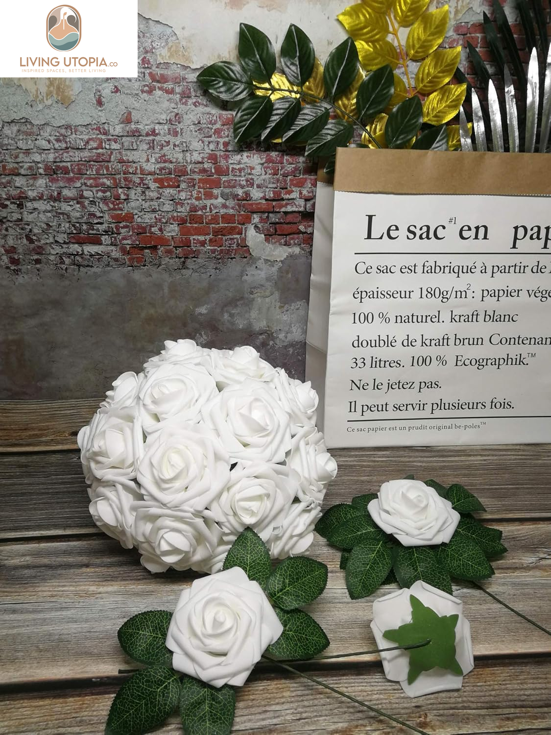 Artificial Flowers 50PCS Real Looking White Fake Roses with Stem for DIY Wedding Bouquets Centerpieces Party Baby Shower Home Decorations (White)
