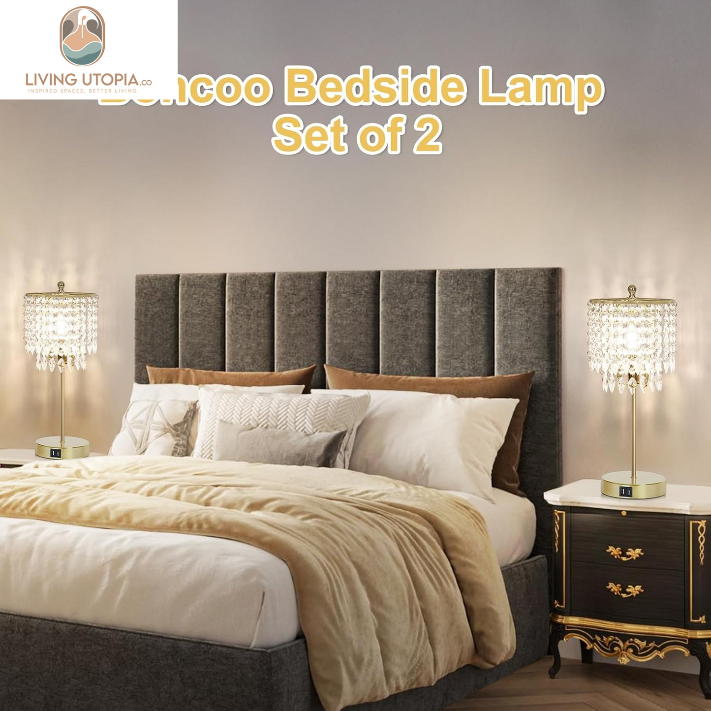 Crystal Table Lamp Set of 2, 3-Way Dimmable Nightstand Lamp with 2 USB Charging Ports, Gold Bedside Lamp for Bedroom, Touch Lamp with Elegant Shade for Living Room, B11 LED Bulb Included