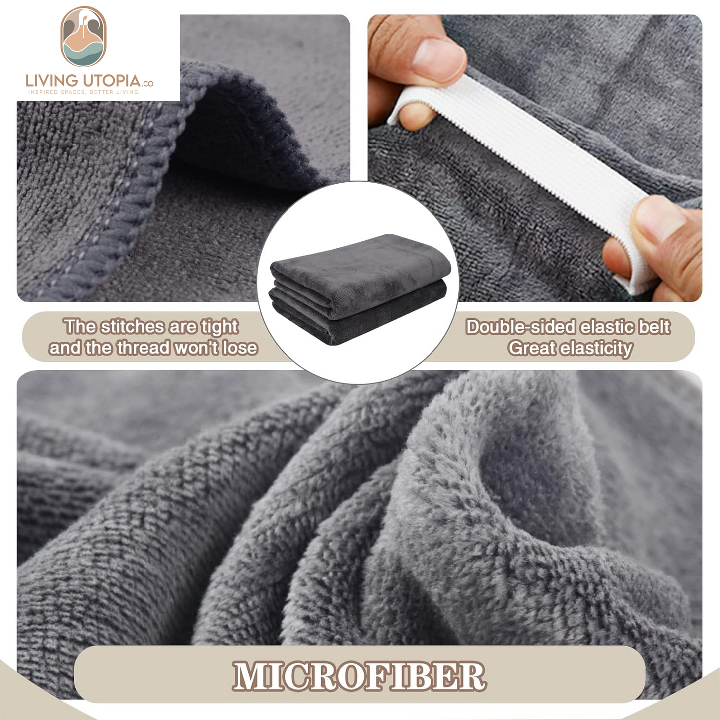 Microfiber Hair Towels anti Frizz Hair Drying Towel Super Absorbent Fast Drying Turbans for Wet Curly Hair Soft Hair Towel Wrap with Elastic Band for All Hair Types 40 X 20 Inches 2Pack Grey