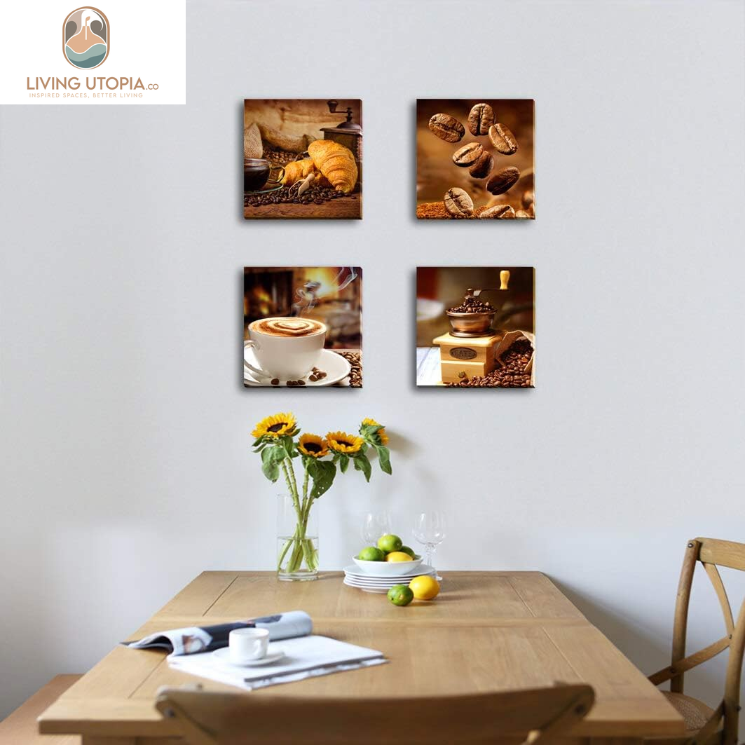 Kitchen Canvas Art Coffee Bean Coffee Cup Canvas Prints Coffee Wall Decor-4 Panels Framed Ready to Hang Coffee Image-Table Dining Room Canvas Wall Art Contemporary Pictures for Dining Home Decoration