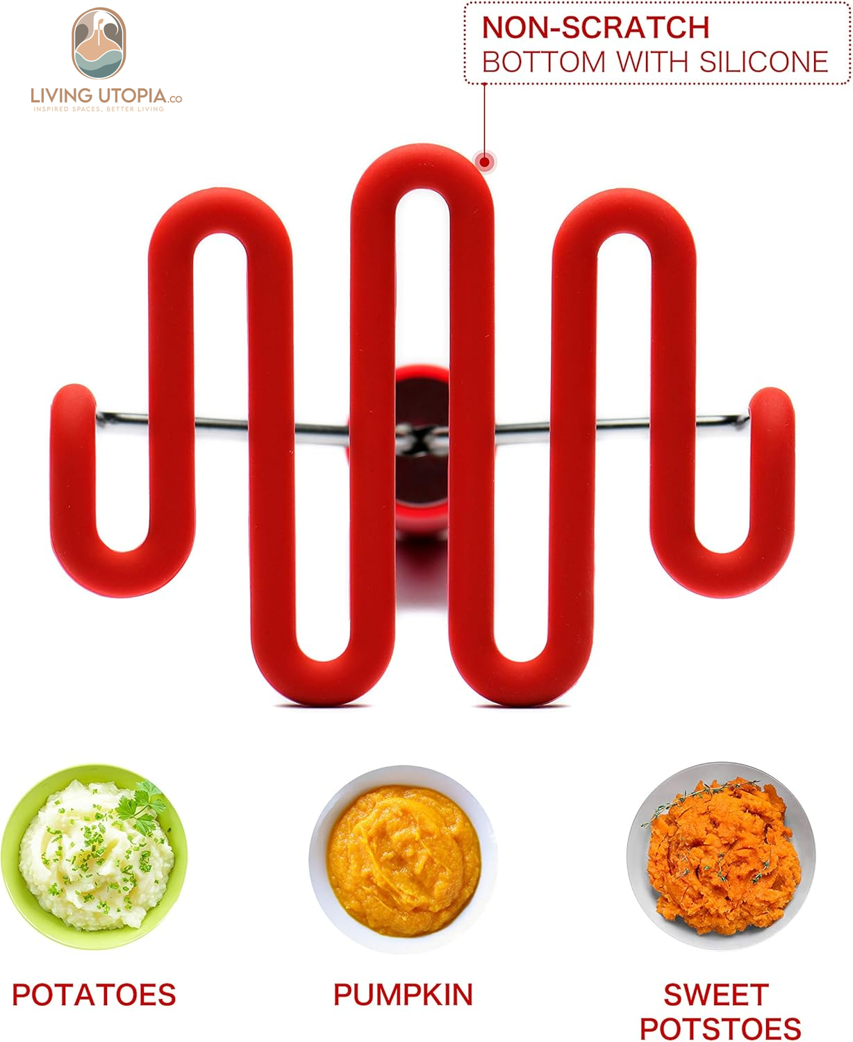 Potato Masher - Silicone Protect Body with Premuim Stainless Steel Non-Scratch Cookware for Smooth Mashed Potato Vegetables and Fruits Color Red