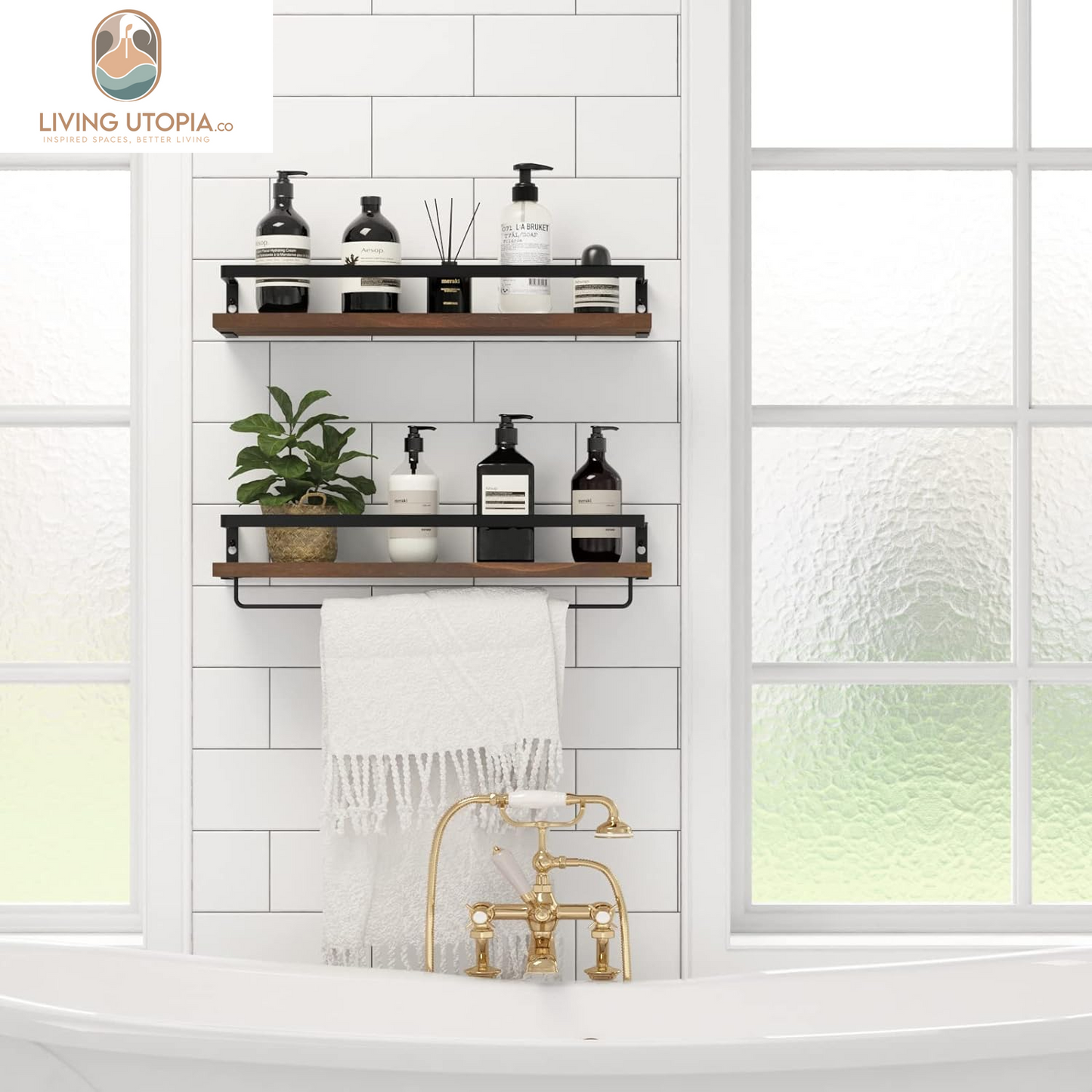 Floating Shelves for Wall, Bathroom Shelves with Towel Bar, Wall Mounted Storage Shelves for Kitchen, Bathroom, Set of 2 Brown