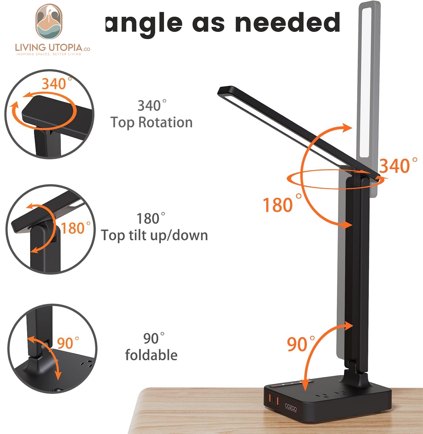 LED Desk Lamp with 3 USB Charging Ports,2 AC Outlet,3 Color Modes 3 Brightness Levels,Touch/Memory/Timer Function,Eye-Caring Home Office Foldable Natural Light Task Lamp for Reading,Study,Crafts