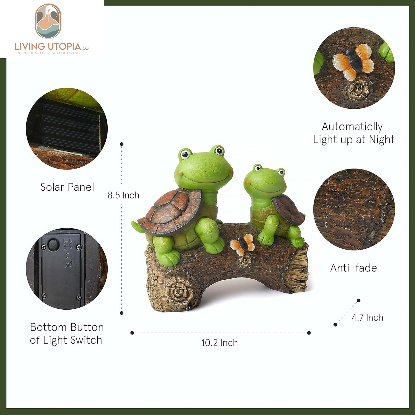 10" Garden Statue Turtles Figurine-Cute Frog Face Turtles Resin Statue with Solar Lights, Outdoor Fall Gnomes Decorations for Yard Lawn Ornaments, Garden Gifts for Mom