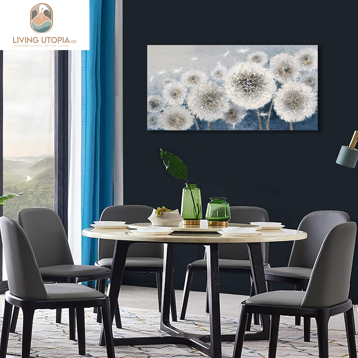 Wall Decor Living Room - Wall-Art for Living Room, Canvas Art/Pictures for Bedroom | Blue Dandelion 24X48 Inches Large Wall Art