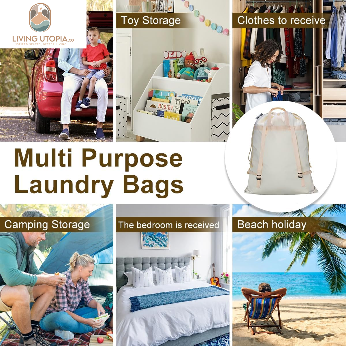 Laundry Bag Backpack with Shoulder Straps and Handle, Extra Large Heavy Duty Laundry Bag, Canvas Backpack for College, Travel, Camp (Beige)
