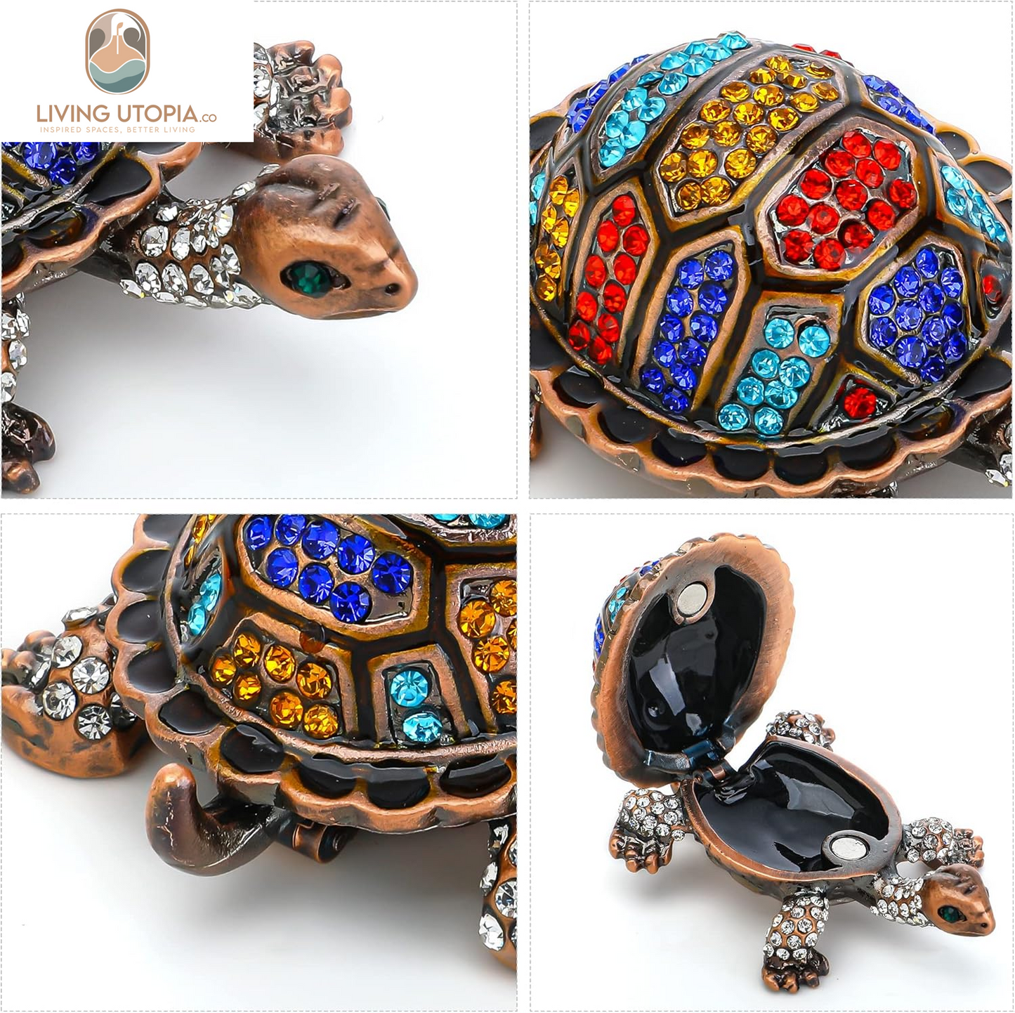 Vintage Turtle Jewelry Trinket Box Hinged,Hand-Painted Sea Animal Figurine Collectible Enamel Sea Turtle Ring Holder Crystal Studded Treasure Keepsake Box (2.5Inch,Colorful)