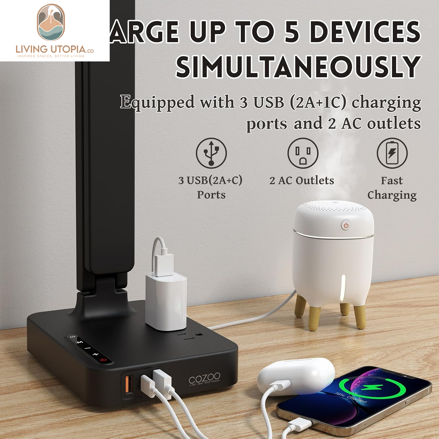 LED Desk Lamp with 3 USB Charging Ports,2 AC Outlet,3 Color Modes 3 Brightness Levels,Touch/Memory/Timer Function,Eye-Caring Home Office Foldable Natural Light Task Lamp for Reading,Study,Crafts