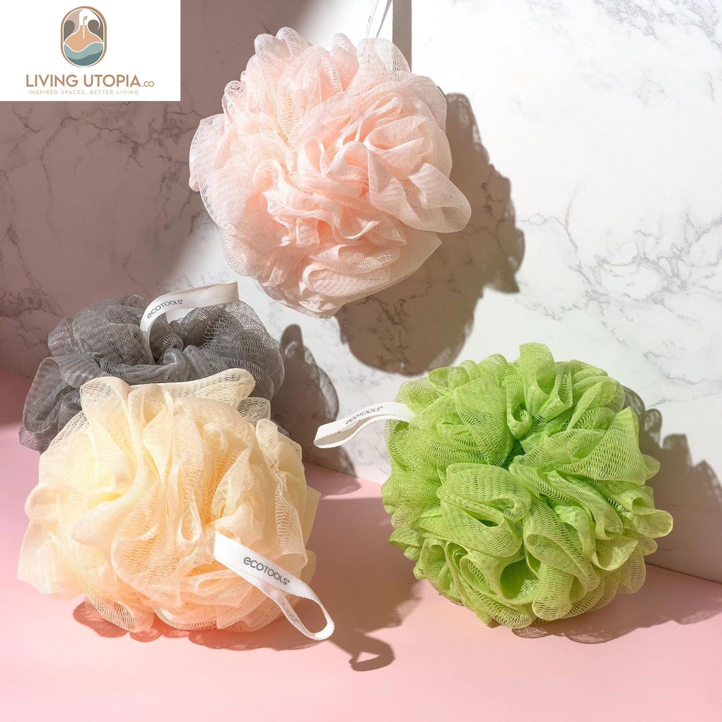 Delicate Ecopouf Bath Sponge, Made with Recycled Materials, Exfoliating Bath Pouf, Loofah for Shower & Bath, in Assorted Colors, Green, White, Pink, and Gray, Perfect for Men & Women, 6 Count
