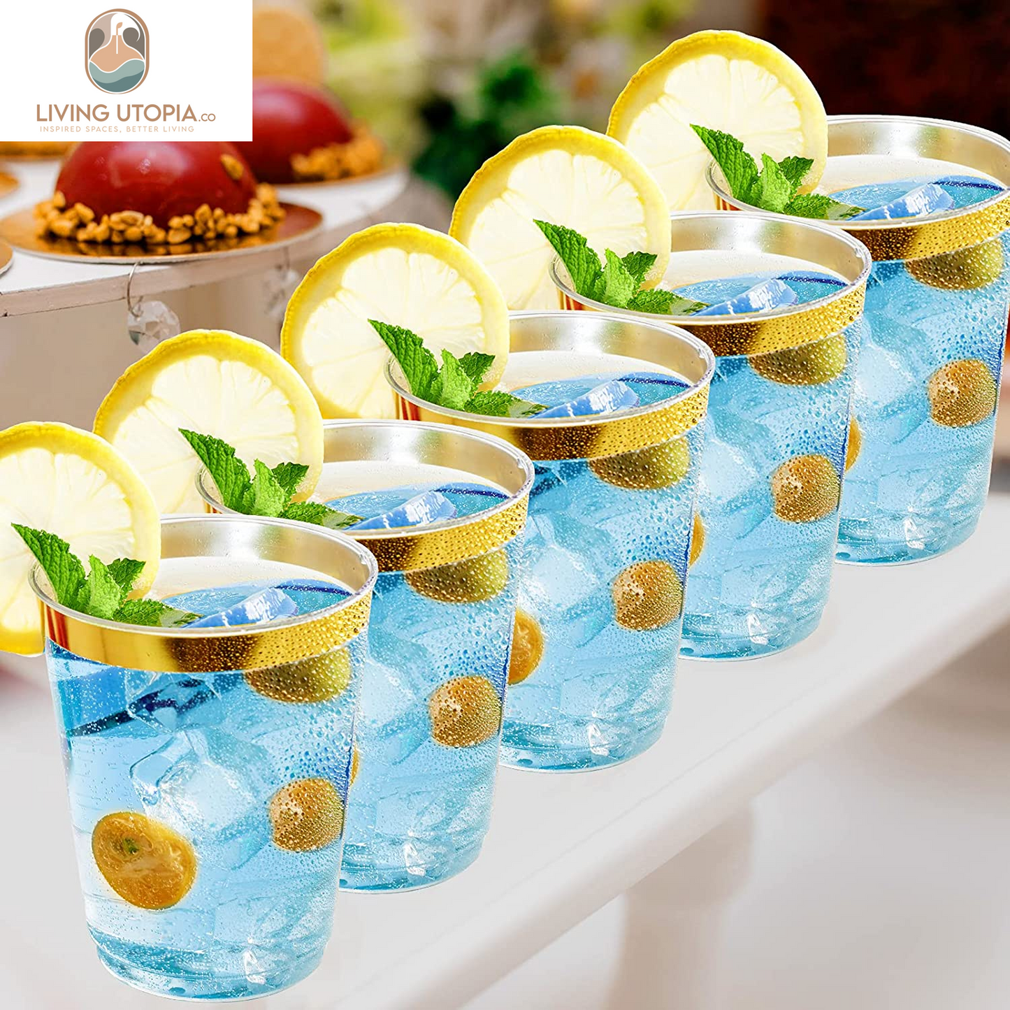 10 Oz Gold Plastic Cups, Disposable Clear Fancy Hard Plastic Cups, Gold Rimmed, Heavy Duty, Reusable,100 Count