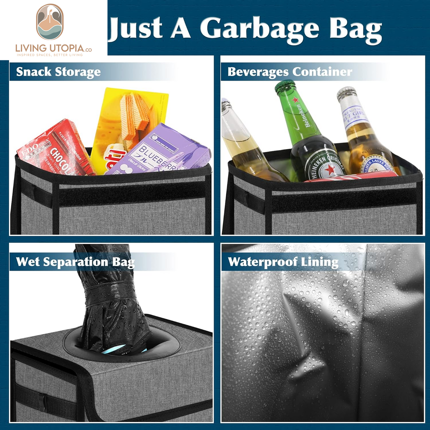 Car Trash Can Leak Proof Car Trash Bag Waterproof Car Garbage Can with Lid for SUV Front Seat Multipurpose Car Hanging for Headrest Collapsible and Portable with Storage Mesh Pocket, Grey