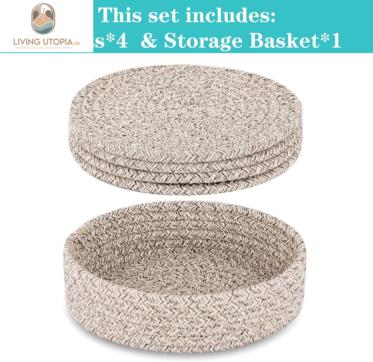 Trivets for Hot Dishes, Trivets for Hot Pots and Pans, Heat Resistant Hot Pads with Storage Basket, Pot Holders for Kitchen, Home Essentials, Farmhouse Decor (Brown 4 PCS)