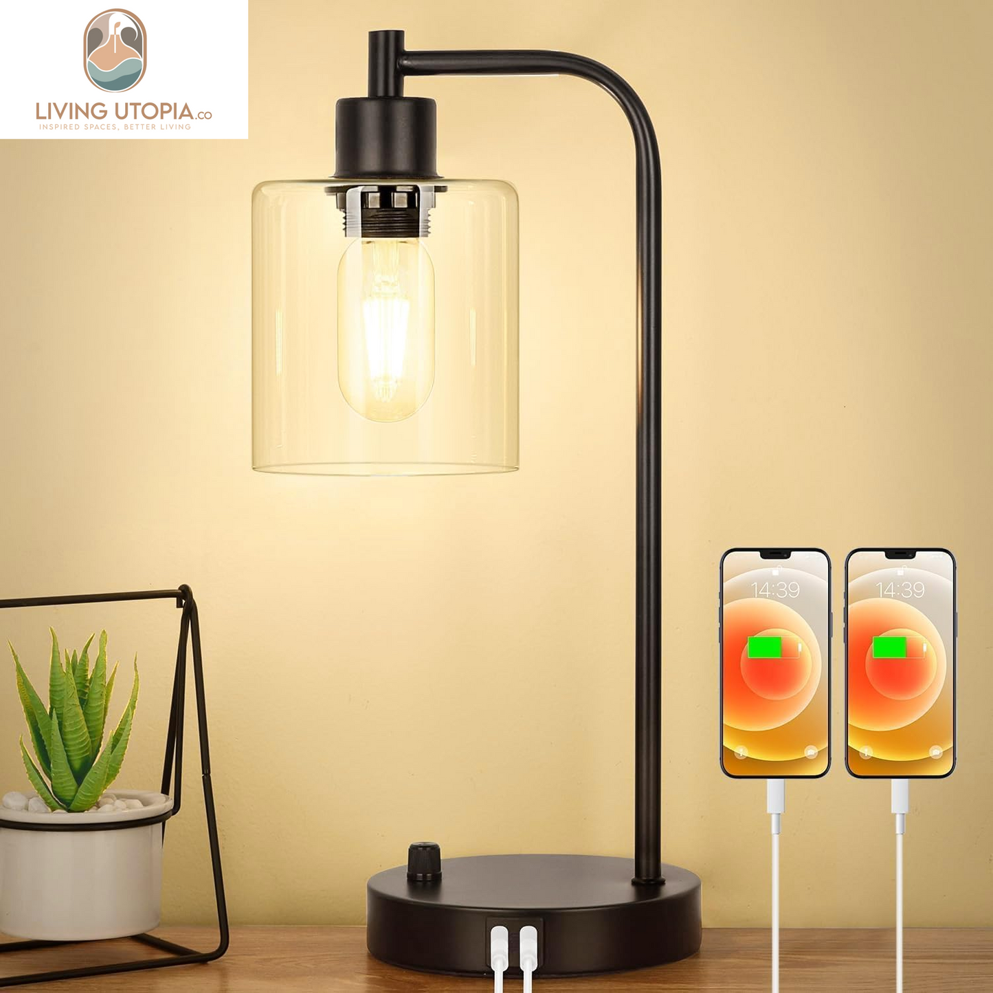 Industrial Table Lamp with 2 USB Charging Ports, Fully Stepless Dimmable Modern Nightstand Lamp, Glass Shade Bedside Desk Lamp for Bedroom Living Room Office, 6W 2700K LED Edison Bulb Included