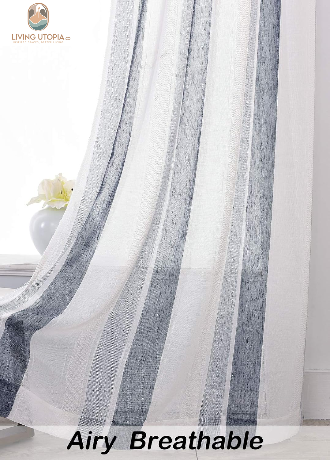 Sheer Navy Blue and White Stripe Farmhouse Curtains Boucle Linen Window Curtain Panel Pairs Yarn Dyed Woven 63 Inches Long for Living Room Bedroom 2 Pack Rod Pocket Rustic Living Panels
