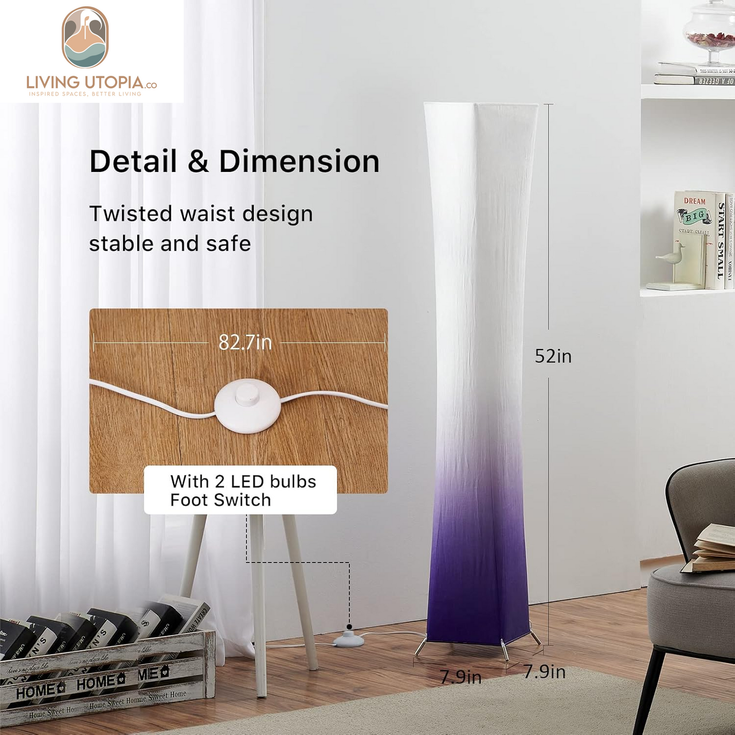 Floor Lamp, 52"(S) Standing Lamp, RGB Color Changing LED Bulbs, Adjustable Brightness Color Temperature, Purple Grandient Fabric Lampshade, for Living Room, Bedroom, Kids Room
