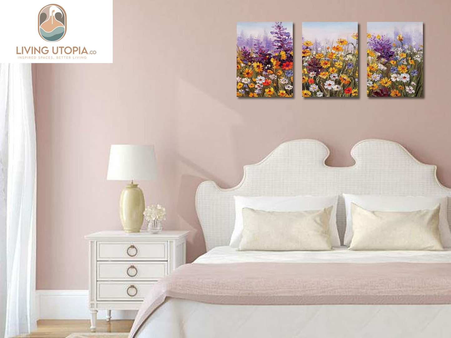 Flower Wall Art Daisy Colorful Canvas Romantic Floral Pictures Purple Yellow Painting, Wildflower Landscape Artwork Framed for Living Room Bedroom Bathroom Dinning Room Home Office Wall Decor