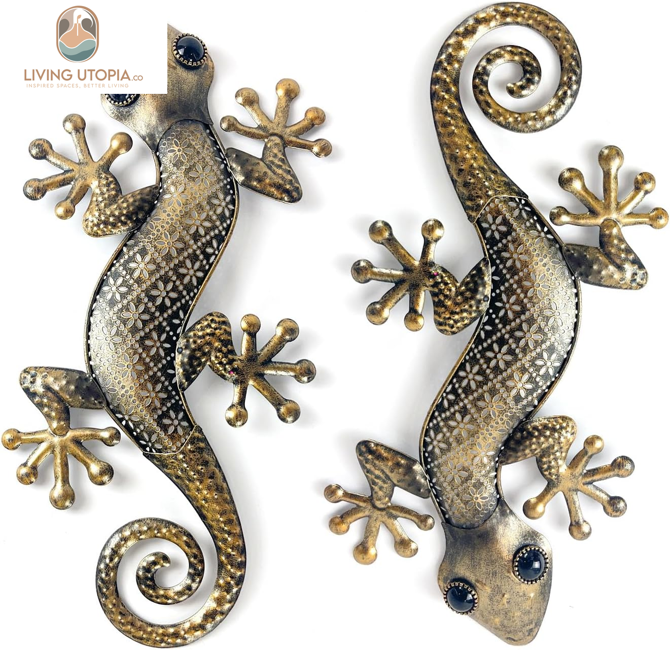 Gecko Metal Wall Art Decor 2 Pack 15 Inch - Indoor & Outdoor Lizard Wall Art Hanging Sculpture for Home and Garden