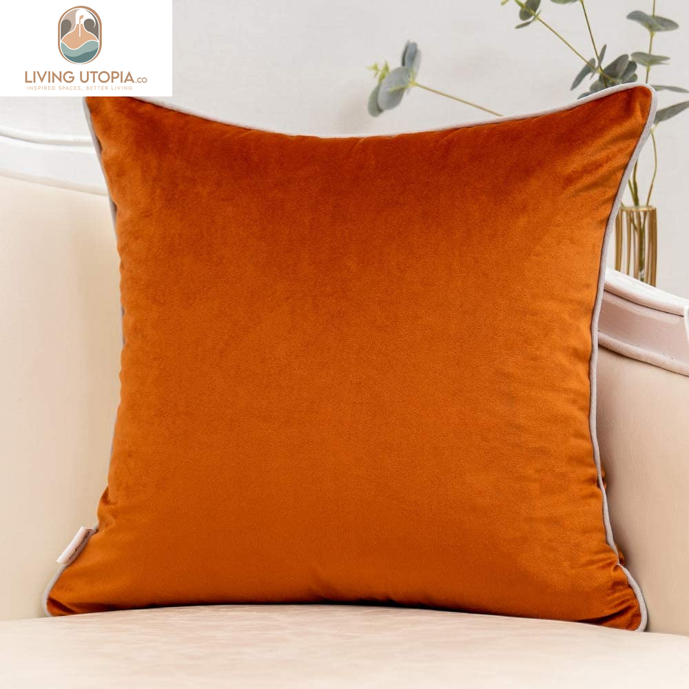 Burnt Orange Patchwork Velvet Throw Pillow Cover with Gold Striped Leather Cushion Case Modern Luxury Pillowcase for Sofa Couch Bedroom Living Room Home Decor,18"X18"