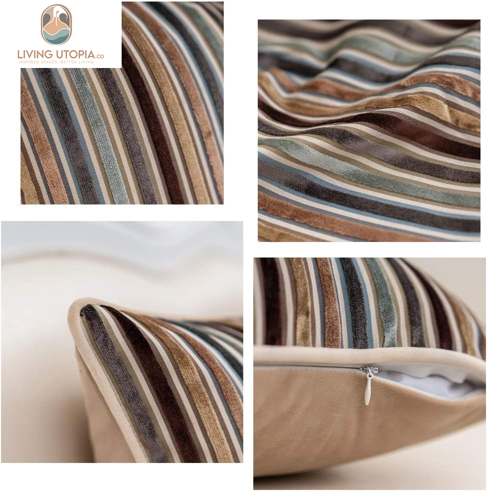 Brown Striped Throw Pillow Cover Multicolor Velvet Cushion Cover Zippered Rectangular Pillowcase for Sofa Couch Bedroom Living Room Home Decoration, 12X20 Inch
