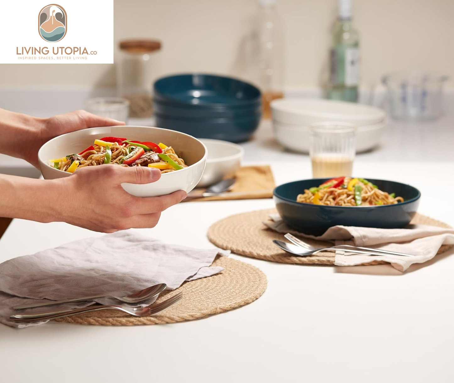 Pasta Bowl, Salad Bowls, Soup, Serving Bowls, Ceramic, Large Capacity, Microwave & Dishwasher Safe, Set of 4, 40 Oz,(Black)