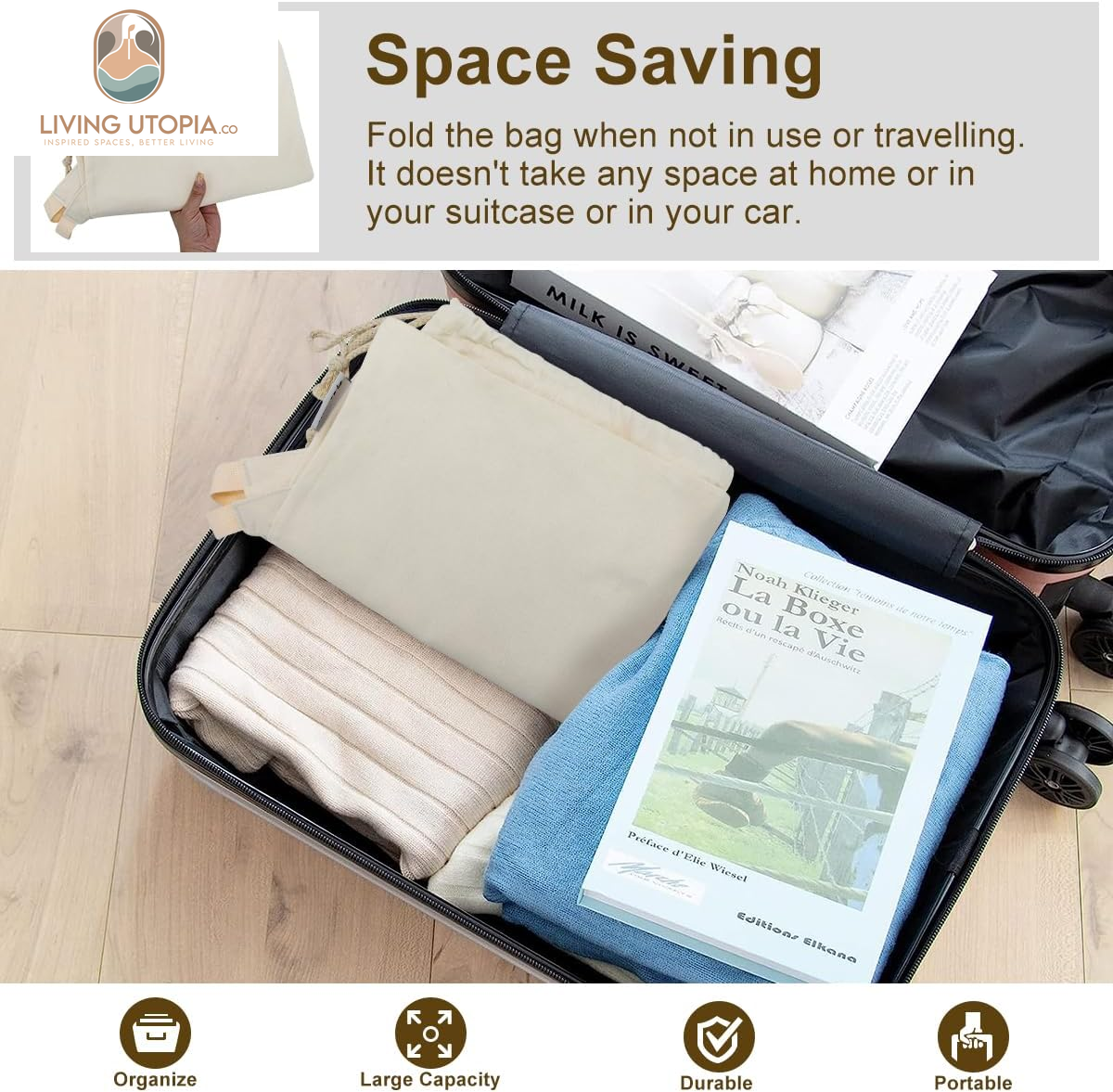 Laundry Bag Backpack with Shoulder Straps and Handle, Extra Large Heavy Duty Laundry Bag, Canvas Backpack for College, Travel, Camp (Beige)