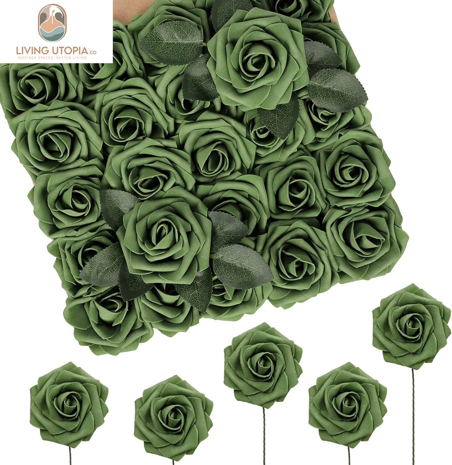 Artificial Flowers Roses Army Green Foam Rose 50Pcs Fake Flowers with Stem for DIY Wedding Bouquets Centerpieces Bridal Baby Shower Party Home Shower Arrangement Decoration