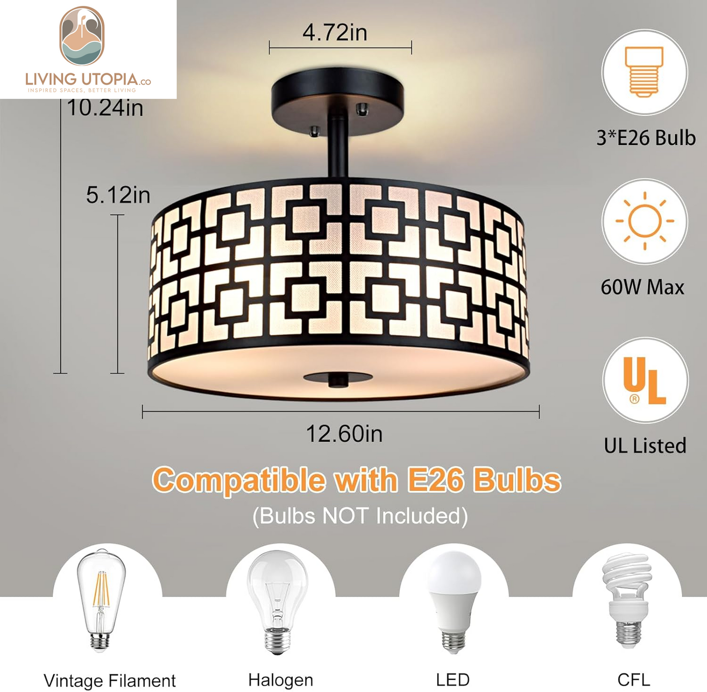 DLLT Flush Mount Ceiling Light: Modern 3-Light Semi Flush Mount Ceiling Light Fixture - Drum Kitchen Lighting Fixture for Dining Room - Black Bedroom Ceiling Lamp with Double Shade