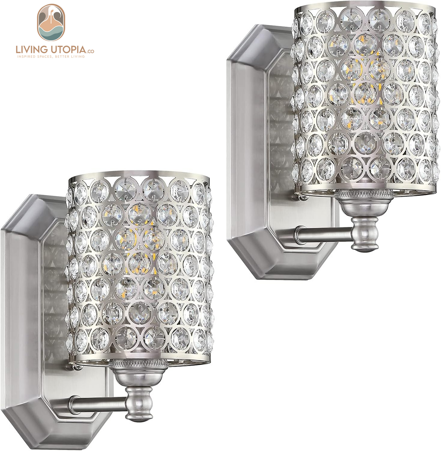 2 Pack 1 Light Crystal Wall Sconce Lighting with Brushed Nickel Finish,Modern Concise Style Wall Light Fixture Polyhedral Crystal Shade for Bathroom, Bedroom Living Room Bedside