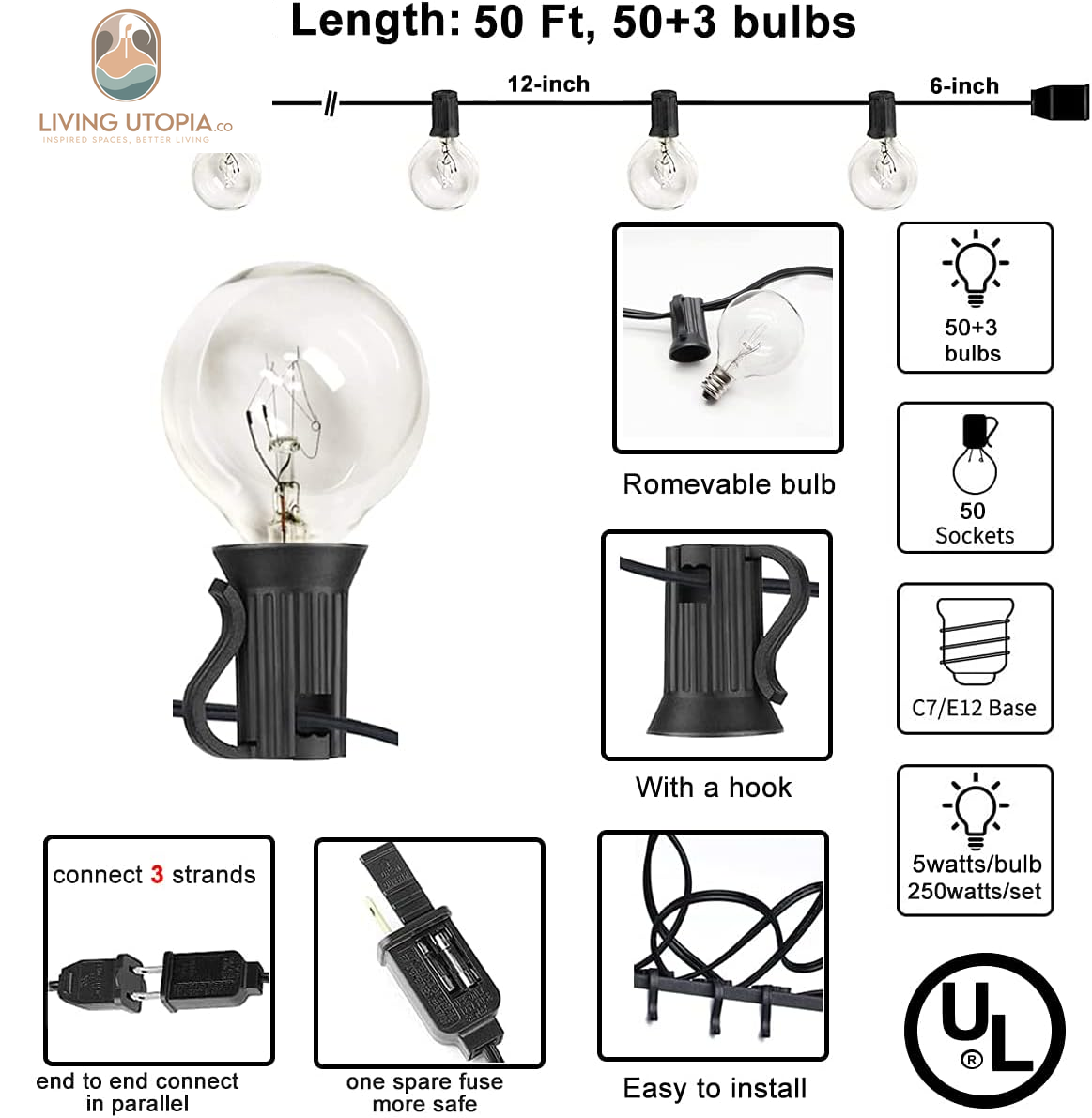 50 Feet Patio String Lights with 53 Edison Globe Bulbs, UL Listed for Indoor Outdoor Use, E12 Socket Base, Connectable Lights for Porch Deck Gazebos Balcony Wedding Gathering Parties Decor, Black