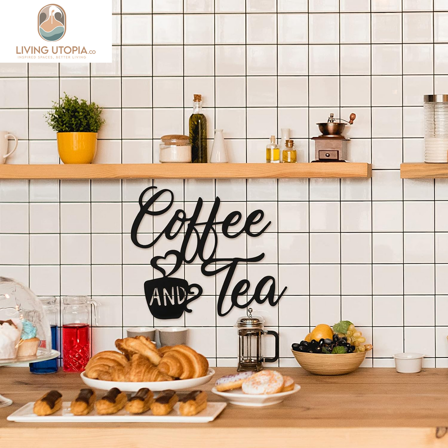 Coffee Sign Metal Hanging Wall Art 12 X 10.2 Inch Black Wall Decor Cafe Bar Letter Sign for Cafe Farmhouse Kitchen(Coffee and Tea)