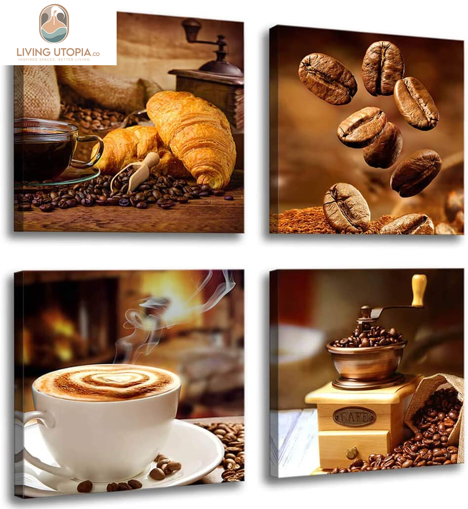 Kitchen Canvas Art Coffee Bean Coffee Cup Canvas Prints Coffee Wall Decor-4 Panels Framed Ready to Hang Coffee Image-Table Dining Room Canvas Wall Art Contemporary Pictures for Dining Home Decoration