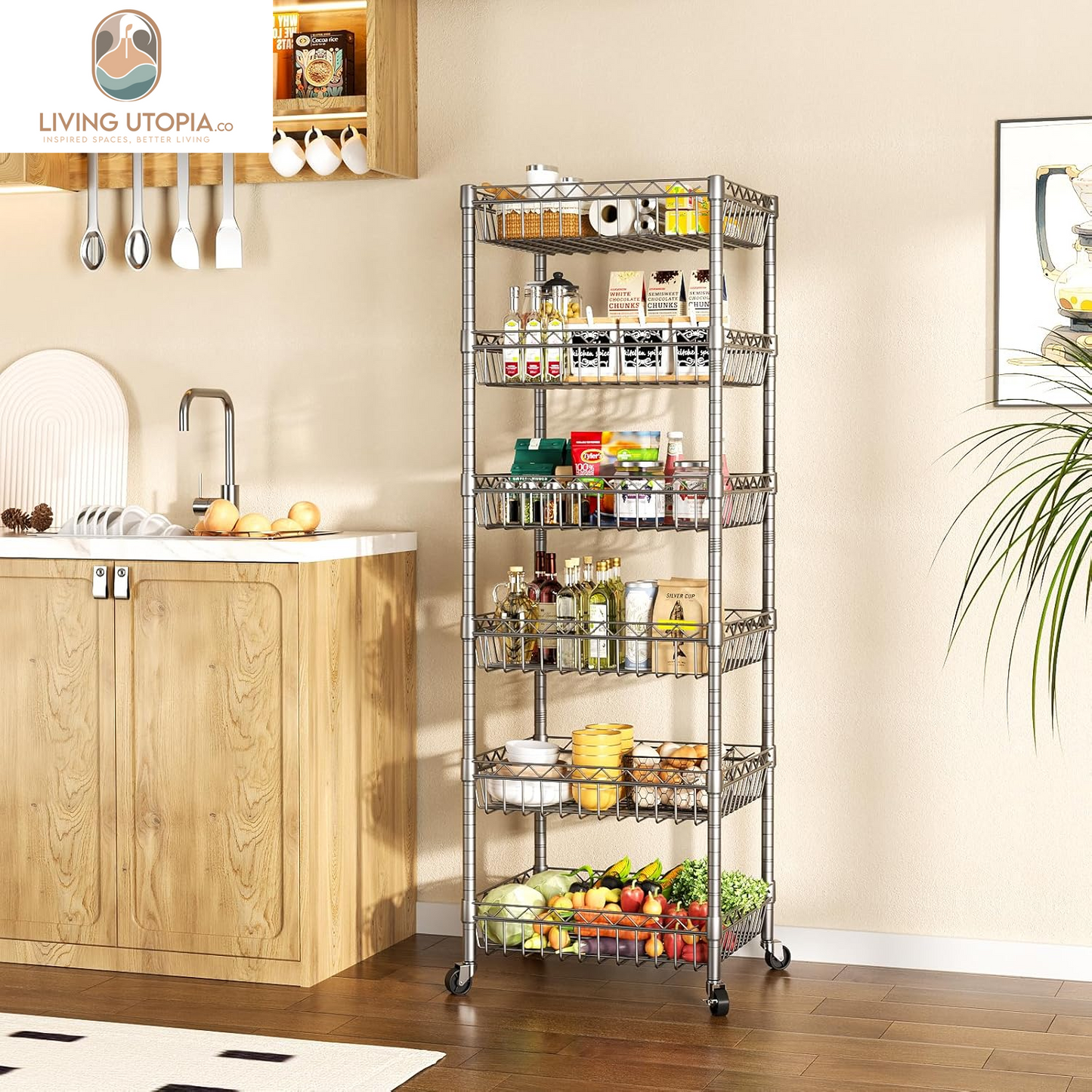 6 Tier Wire Shelving Unit with Baskets Storage Rack Corner Shelves Adjustable Shelf Closet Bathroom Organizers Metal Pantry Kitchen Garage Laundry Room 13.5" D X 13.5" W X 63" H Silver