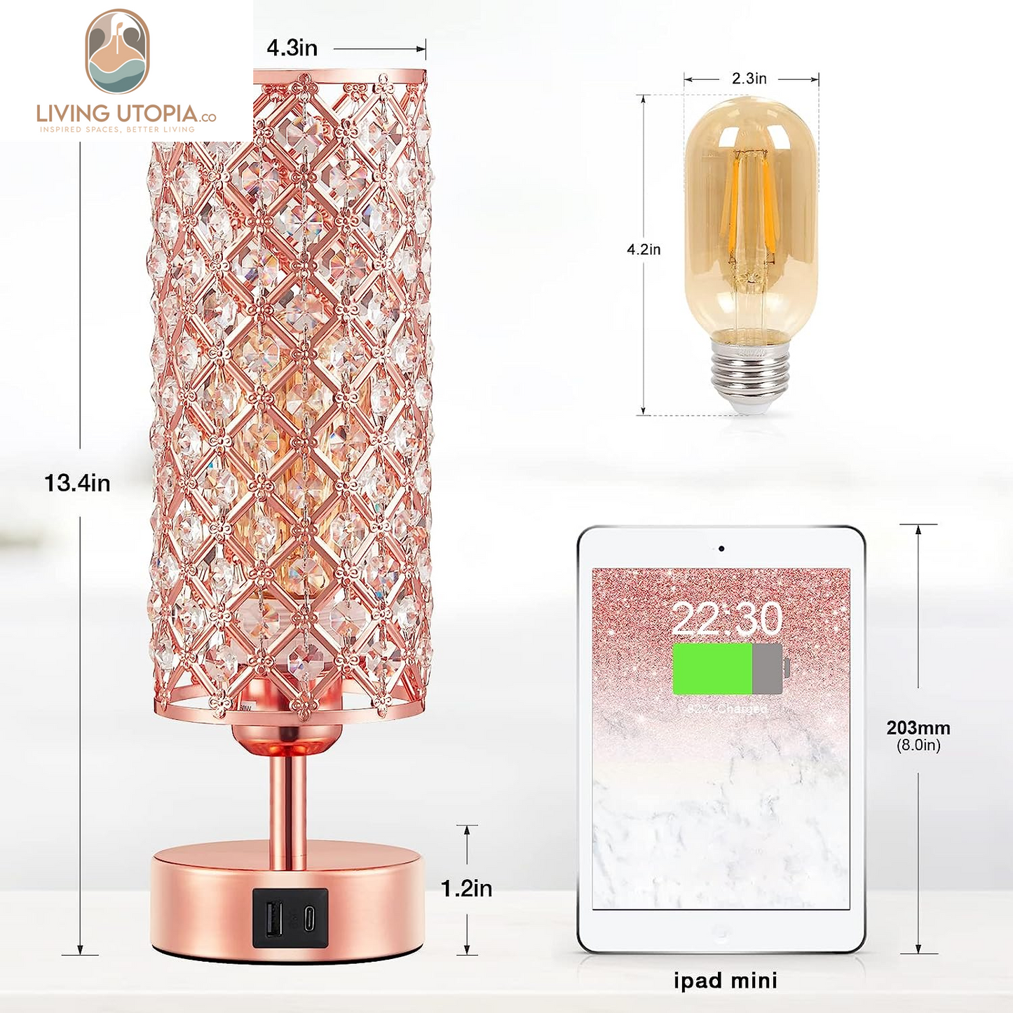 Crystal Table Lamp - 3-Way Dimmable Touch Control, Rose Gold Bedside Lamp with USB C and a Ports, Nightstand Light for Living Room, Bedroom, Home Office (Bulb Included)