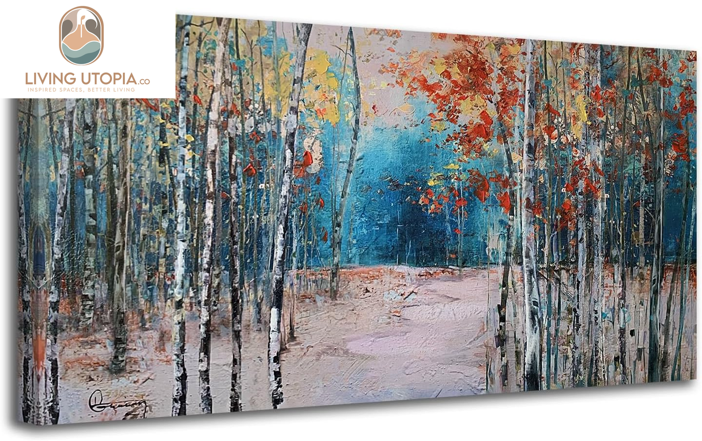 White Birch Tree Canvas Wall Art Blue Forest Painting Landscape Panoramic Picture, Nature Teal Artwork Large Framed for Living Room Bedroom Bathroom Dinning Room Home Office Wall Decor 40"X20"