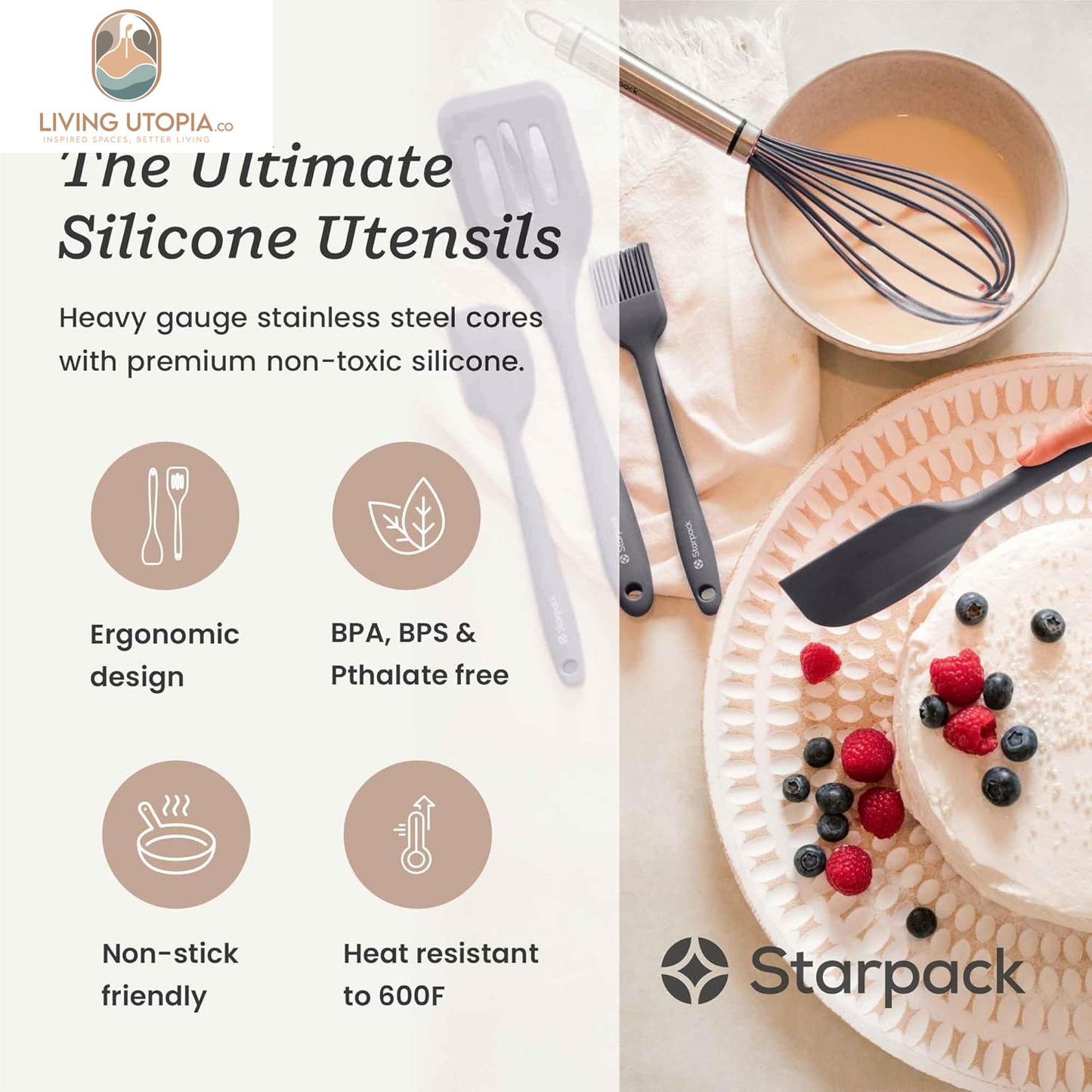 Starpack 'Flip & Whip' Premium Silicone Baking Utensils Set (5 Pcs) - Cooking Utensils with Heat Resistant to 600°F - Baking Utensils - Large & Small Spatulas, Whisk & Basting - Brush Baking Tool Set