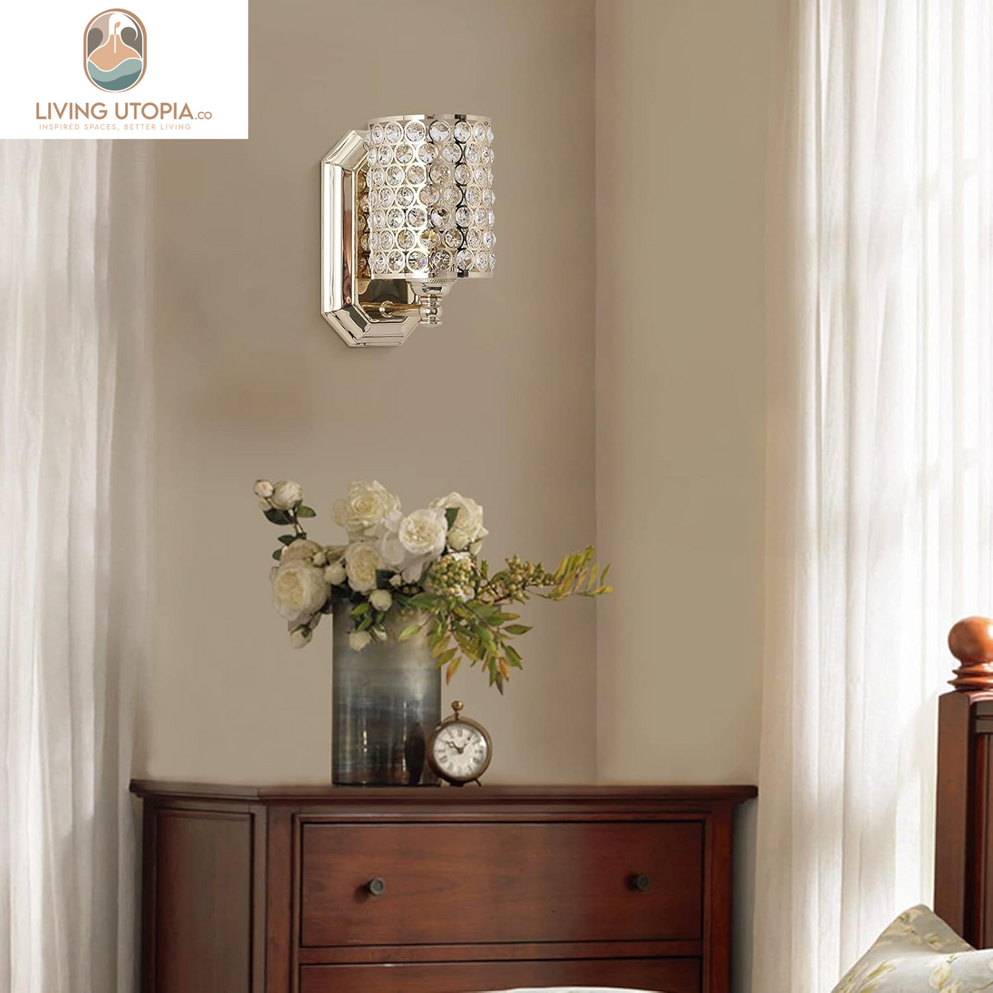 2 Pack 1 Light Crystal Wall Sconce Lighting with Champagne Finish,Modern Concise Style Wall Light Fixture Polyhedral Crystal Shade for Bathroom, Bedroom Living Room Bedside