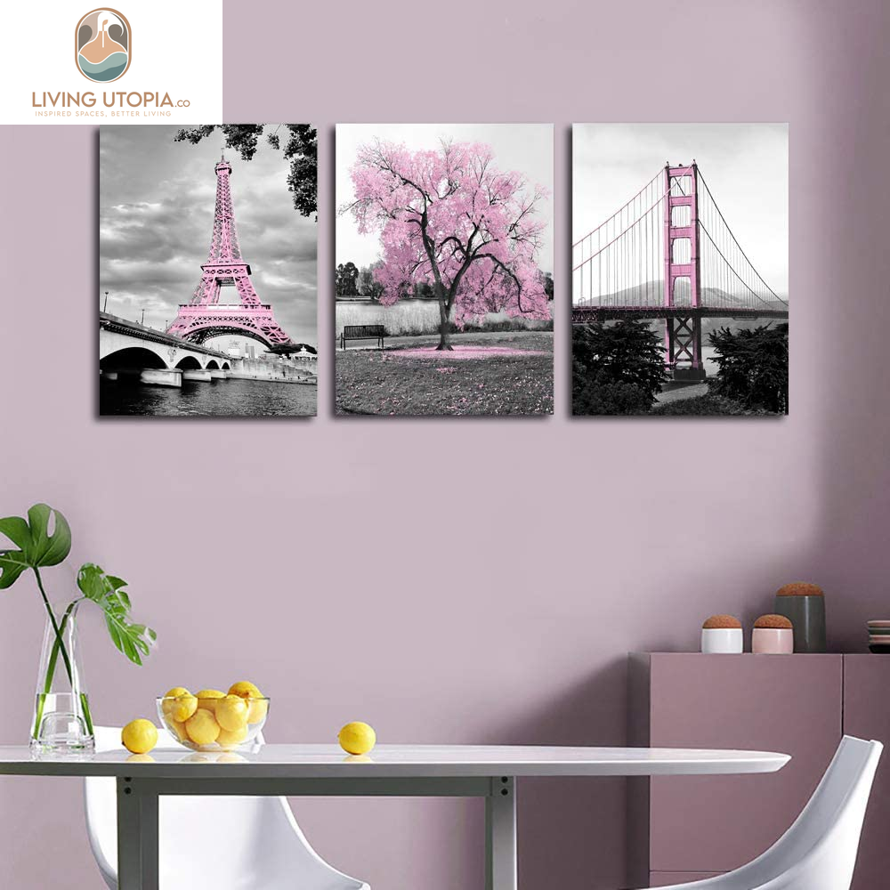 Wall Art for Bedroom Pink Tree Paris Eiffel Tower Golden Gate Bridge Romantic Black and White City Poster Bathroom Pictures Prints on Canvas for Living Room Decor