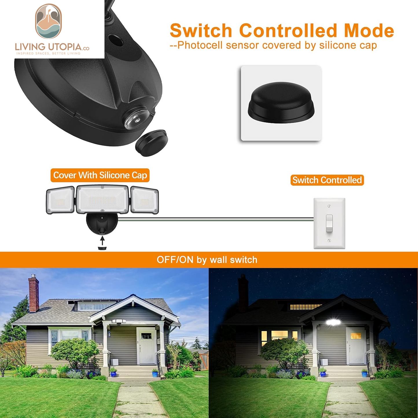 3500LM Dusk to Dawn LED Security Lights Outdoor, 35W Outdoor Flood Light with Photocell, 5500K, IP65 Waterproof 3 Head Exterior Light for Garage, Patio, Yard(Black)