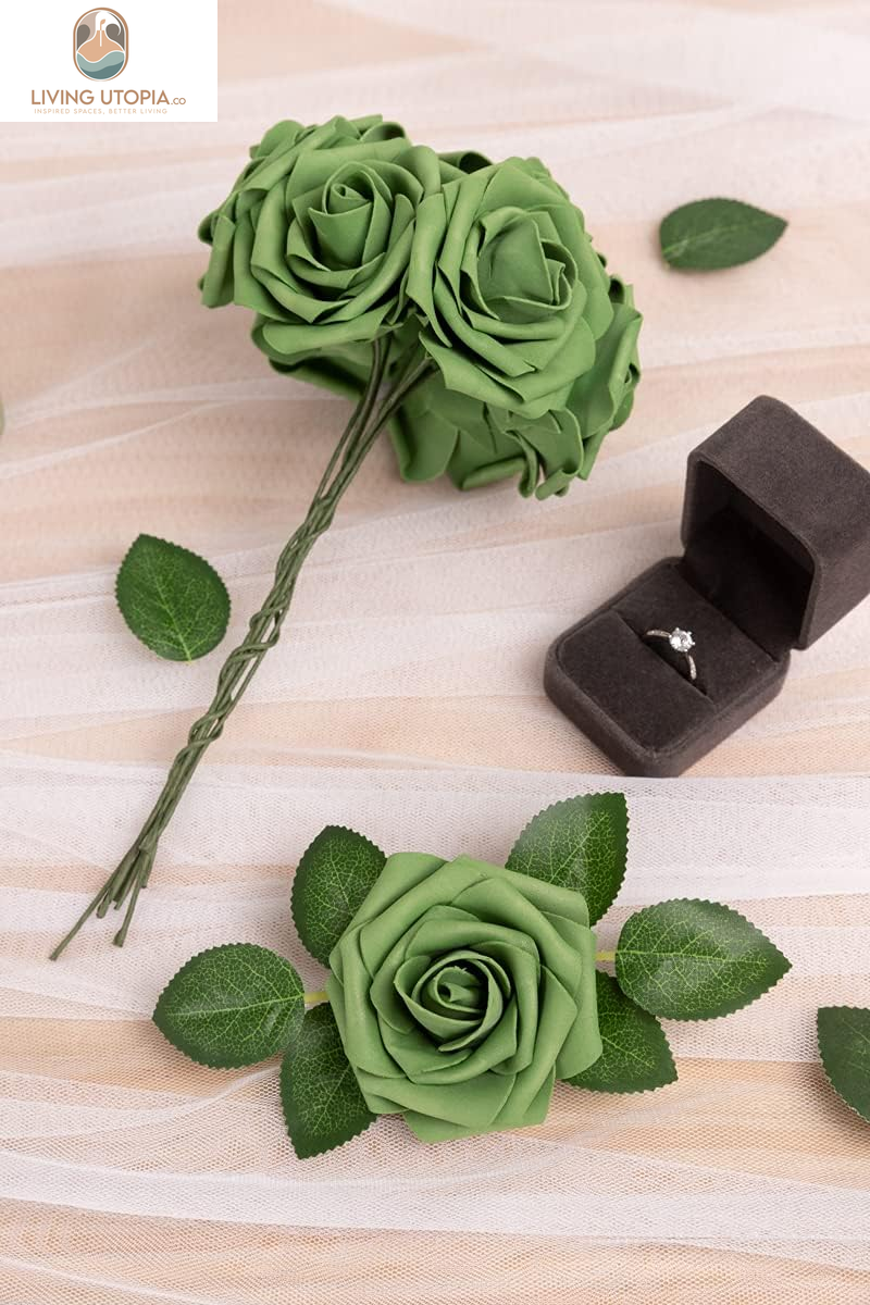 Artificial Flowers Roses Army Green Foam Rose 50Pcs Fake Flowers with Stem for DIY Wedding Bouquets Centerpieces Bridal Baby Shower Party Home Shower Arrangement Decoration