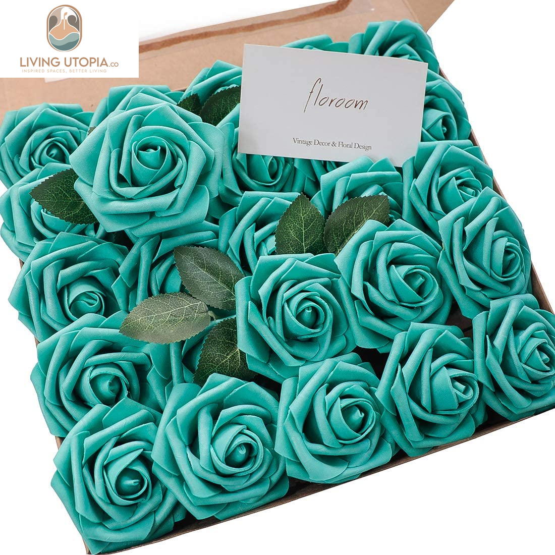 Artificial Flowers 50Pcs Real Looking Teal Green Foam Fake Roses with Stems for DIY Wedding Bouquets Bridal Shower Centerpieces Floral Arrangements Party Tables Home Decorations