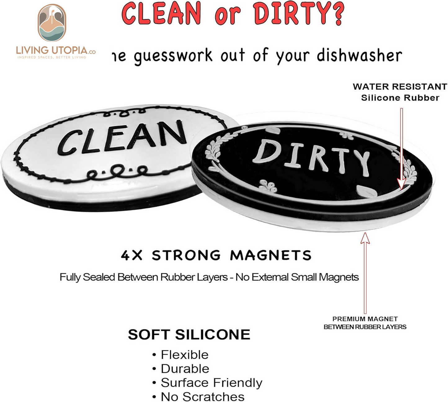 Circle Black & White Silicone Dishwasher Magnet Clean Dirty Sign, Double Sided Dirty Clean Dishwasher Magnet Indicator, Strong Non-Scratching Magnet, Kitchen Safe, Waterproof, and Decorative Design