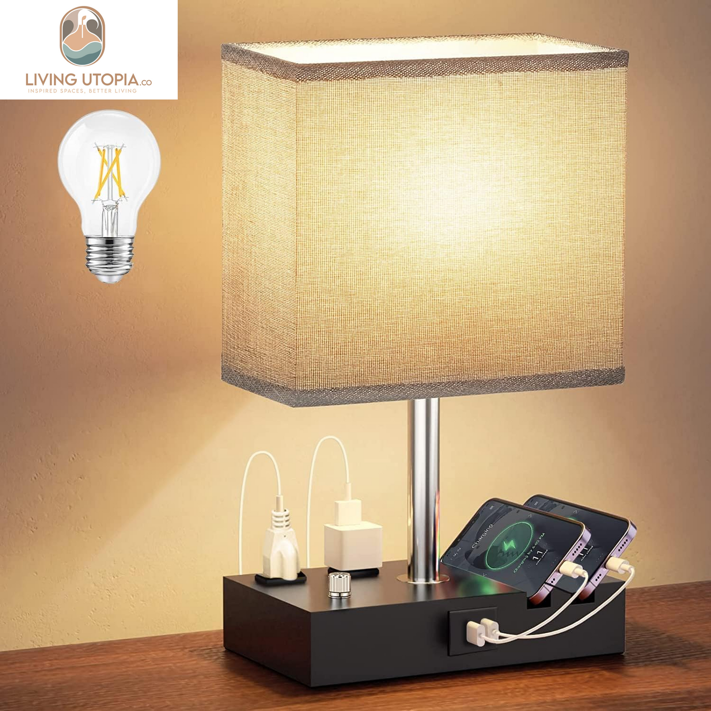 Fully Dimmable Table Lamp, Lamp for Bedroom 2 USB Ports, Bedside Lamps with 2 AC Outlet and Phone Slots, Small Table Lamp for Living Room, Grey Nightstand Lamp for Reading, LED Bulb Included