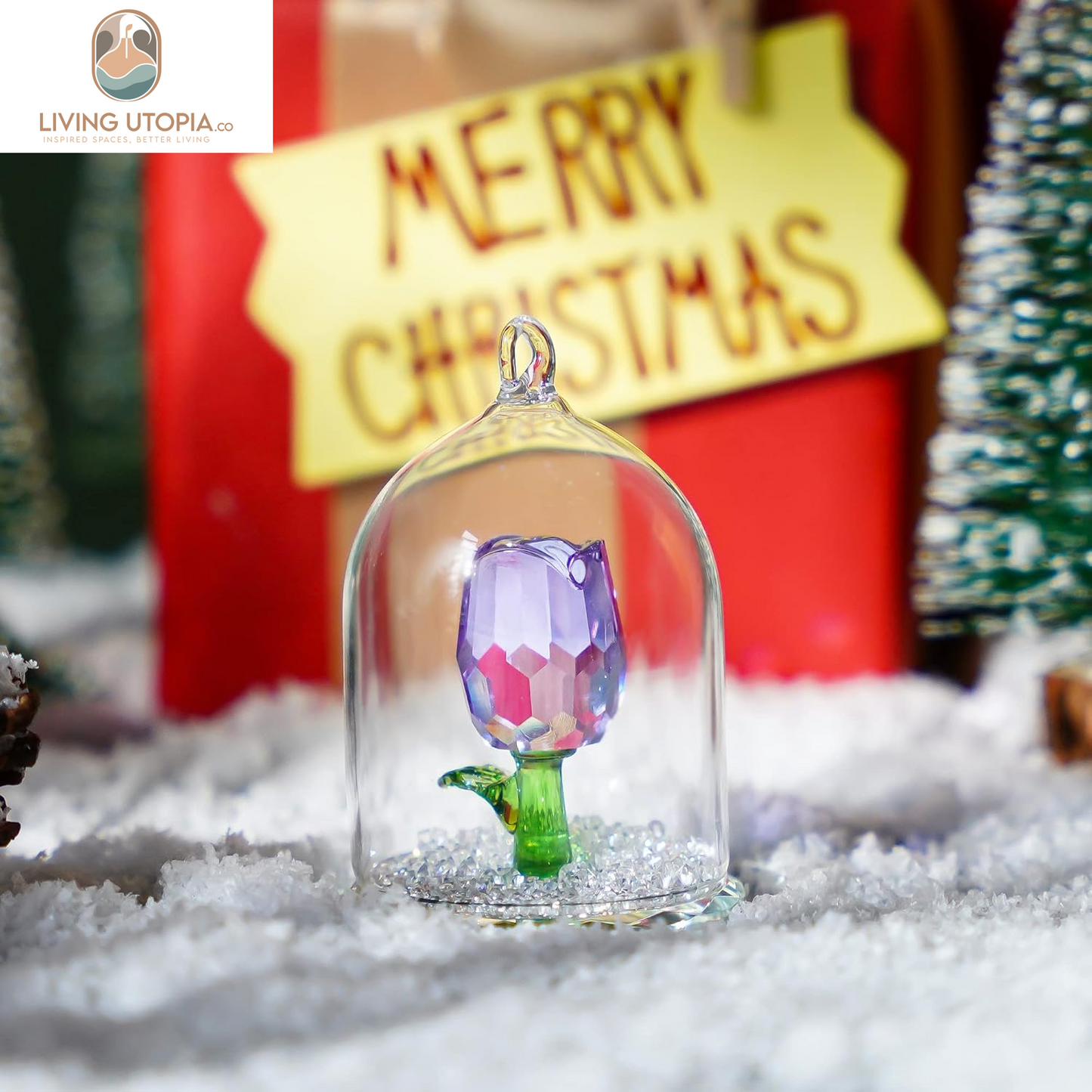 H&D Crystal Enchanted Rose Flower Figurine Dreams Ornament in a Glass Dome Gifts for Her (Purple)