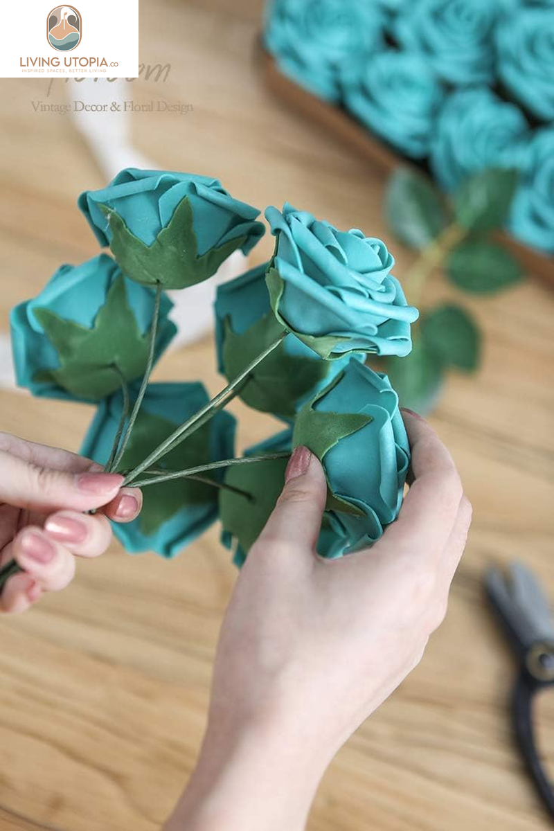 Artificial Flowers 50Pcs Real Looking Teal Green Foam Fake Roses with Stems for DIY Wedding Bouquets Bridal Shower Centerpieces Floral Arrangements Party Tables Home Decorations