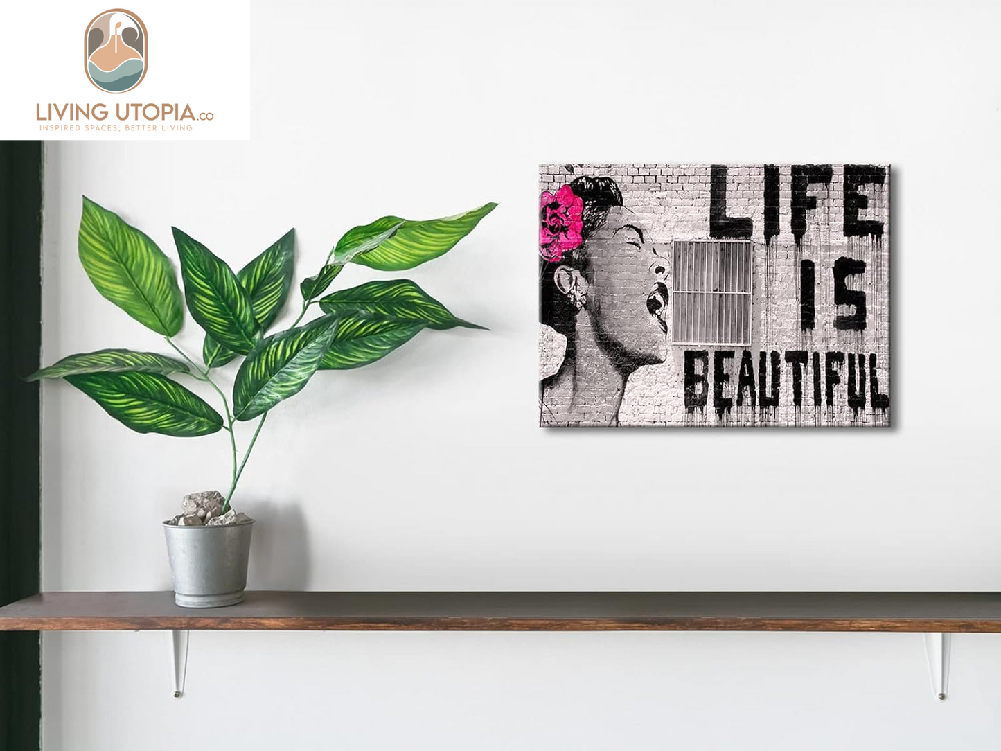 Banksy Life Is Beautiful Modern Gallery Wrapped Giclee Canvas Prints Artwork Grey Love Abstract Pictures Paintings on Canvas Wall Art Ready to Hang for Bedroom Home Office Decorations