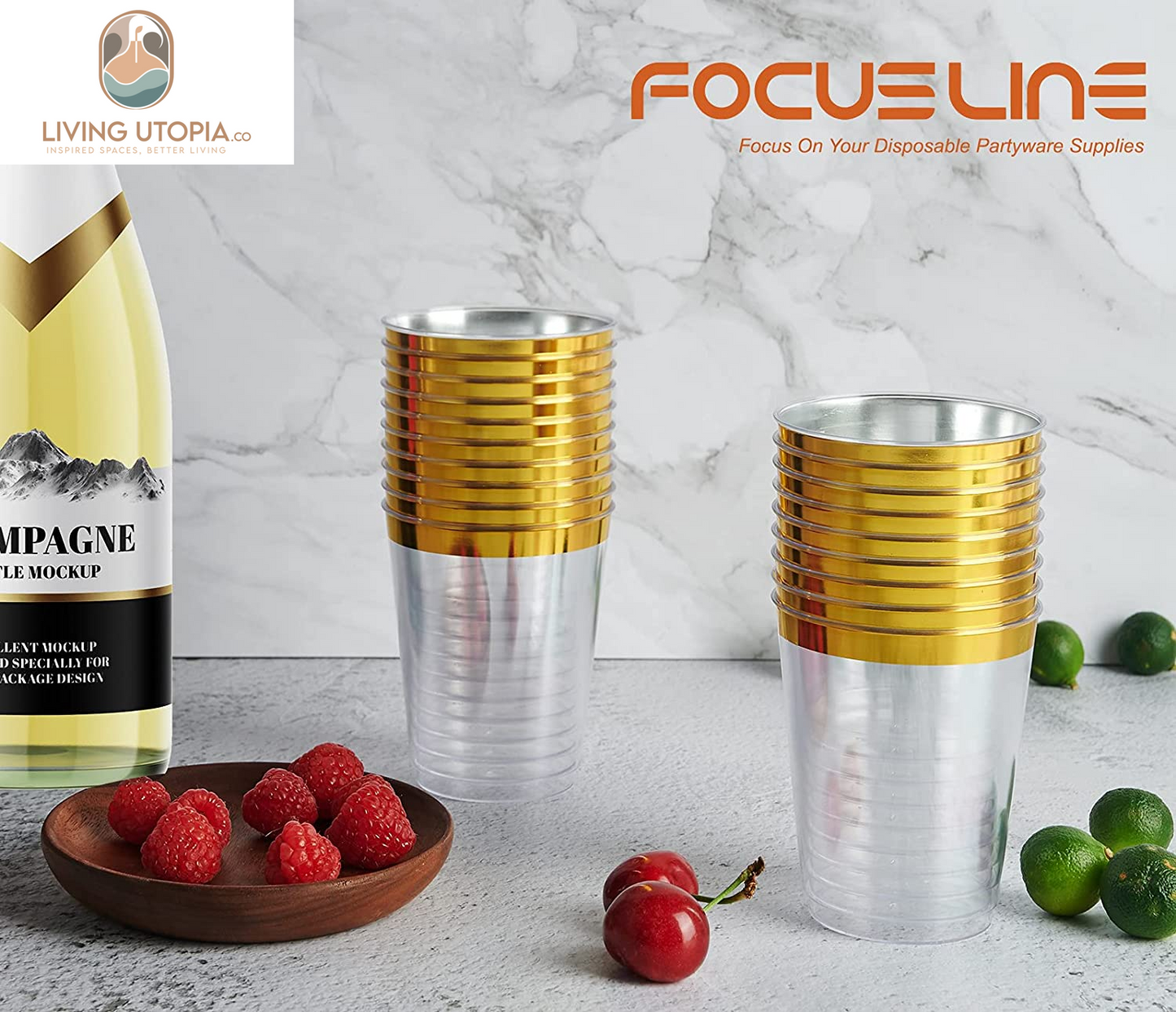 10 Oz Gold Plastic Cups, Disposable Clear Fancy Hard Plastic Cups, Gold Rimmed, Heavy Duty, Reusable,100 Count