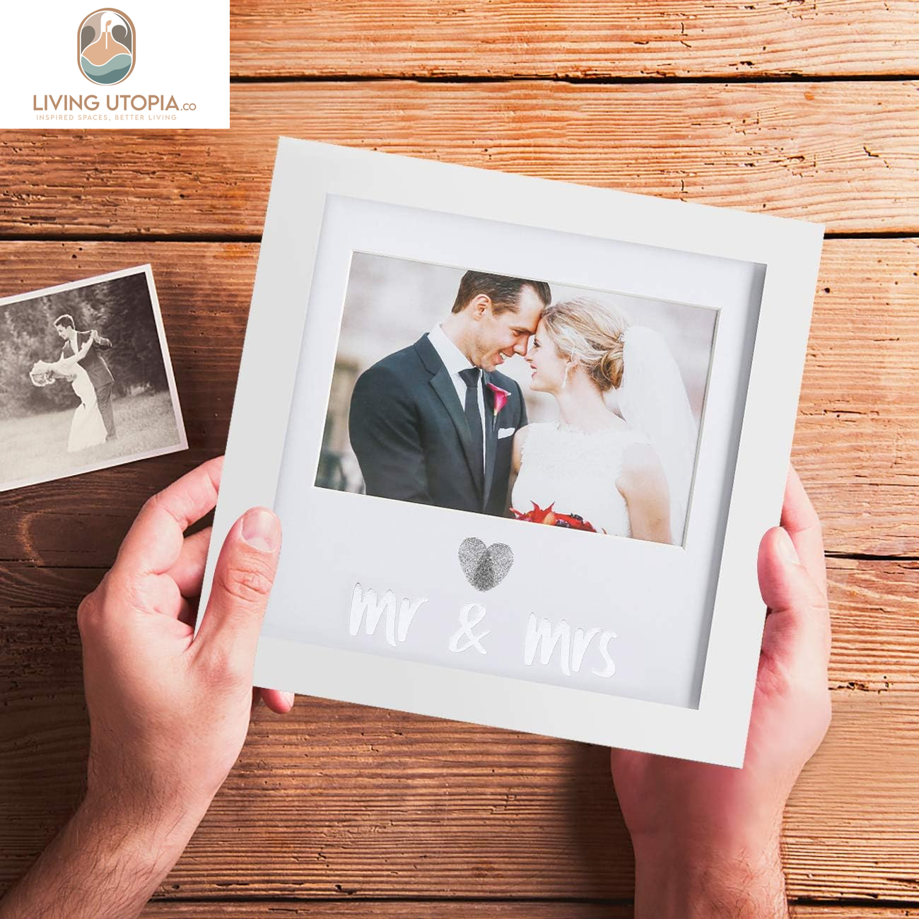 Heart Thumbprint Keepsake Frame and Ink Kit,Wedding Picture Frame Wedding Registry Idea Shower Gift for Bride Newlywed (White Frame, Silver Text)