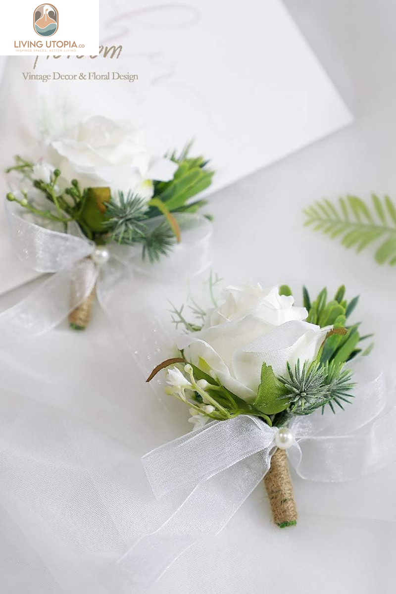 Set of 6 Ivory Rose Boutonnieres for Best Men Groom Groomsmen White Wedding Prom