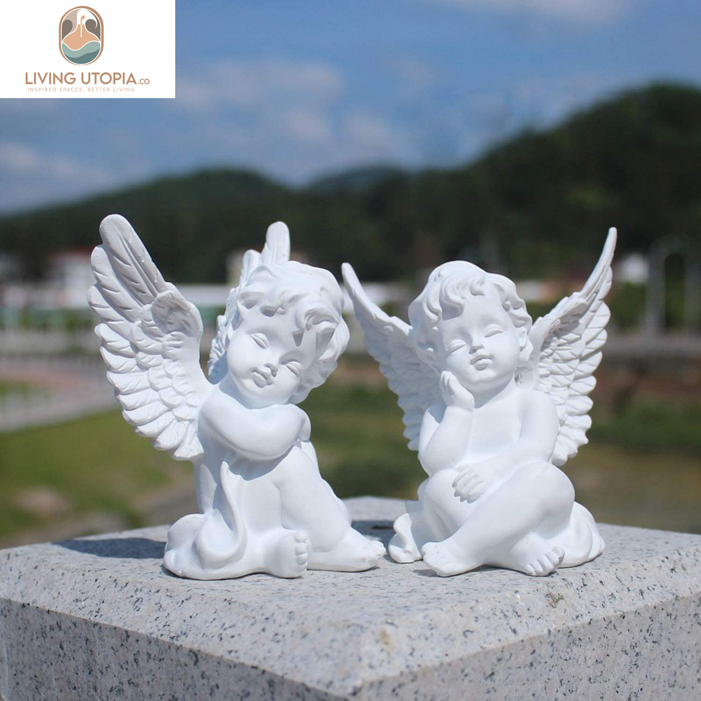 Set of 2 Cherubs Angels Resin Statue Figurine, Indoor Home Decoration, Adorable Angel Sculpture Memorial Statue 4" - White
