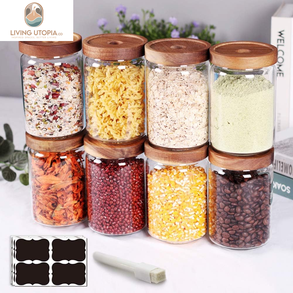 Stackable Kitchen Canisters Set of 8,High Borosilicate Glass Cylinder Airtight Food Storage, Sort Out the Tea, Flour, Candies, Grain Easily and Clearly